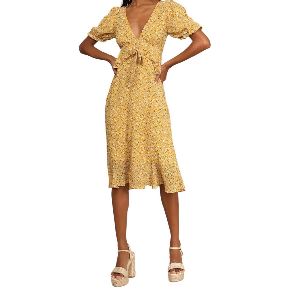 Lulu's Anything Lovelier Yellow Floral Print Tiered Midi Dress Ruffle Chiffon M